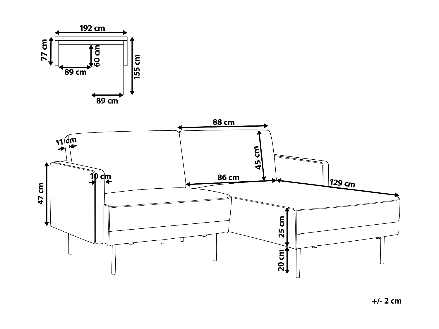 2-Sitzer Ecksofa mit hohen Metallbeinen schwarz linksseitig Glamour Modern Breda