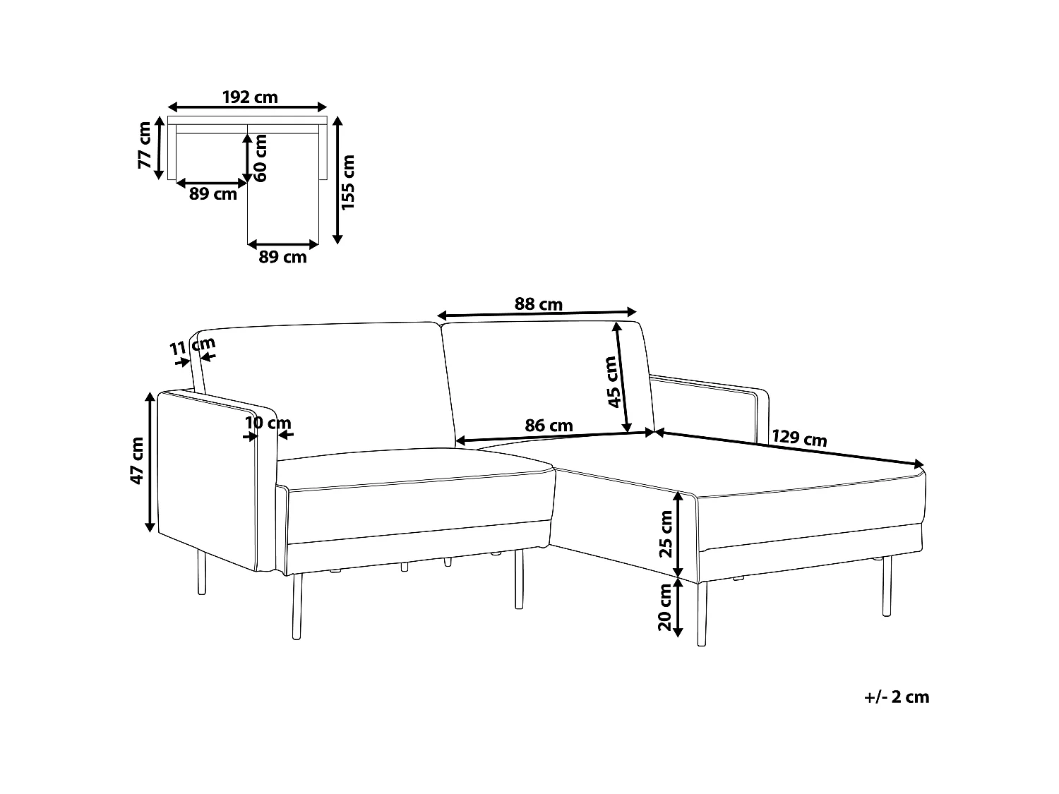 2-Sitzer Ecksofa mit hohen Metallbeinen schwarz linksseitig Glamour Modern Breda