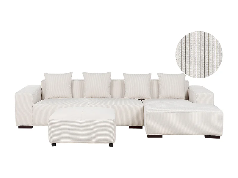 Ecksofa LUNGO Cord Cremeweiss mit Ottomane 4-Sitzer linksseitig