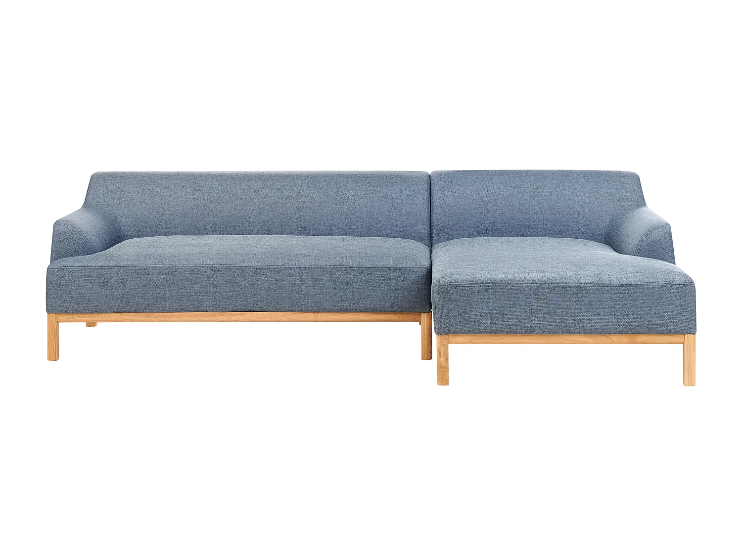 3-Sitzer Ecksofa Stoffbezug blau mit Chaiselounge links hohe Holzbeine Sosjo