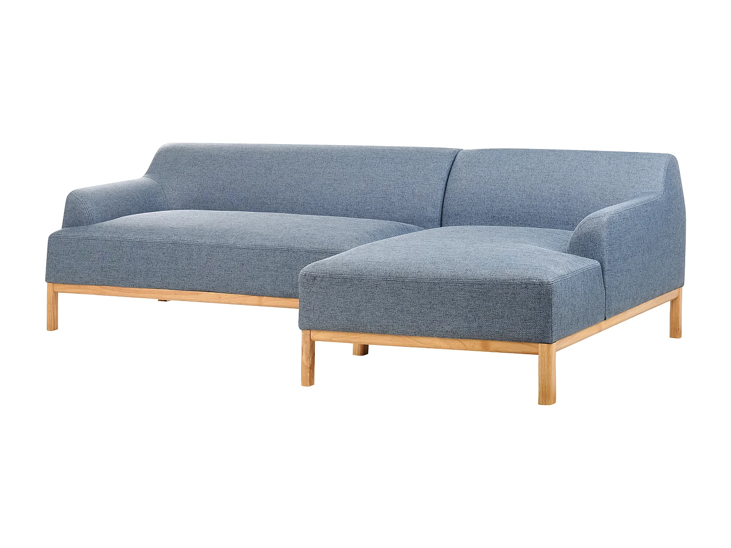 3-Sitzer Ecksofa Stoffbezug blau mit Chaiselounge links hohe Holzbeine Sosjo
