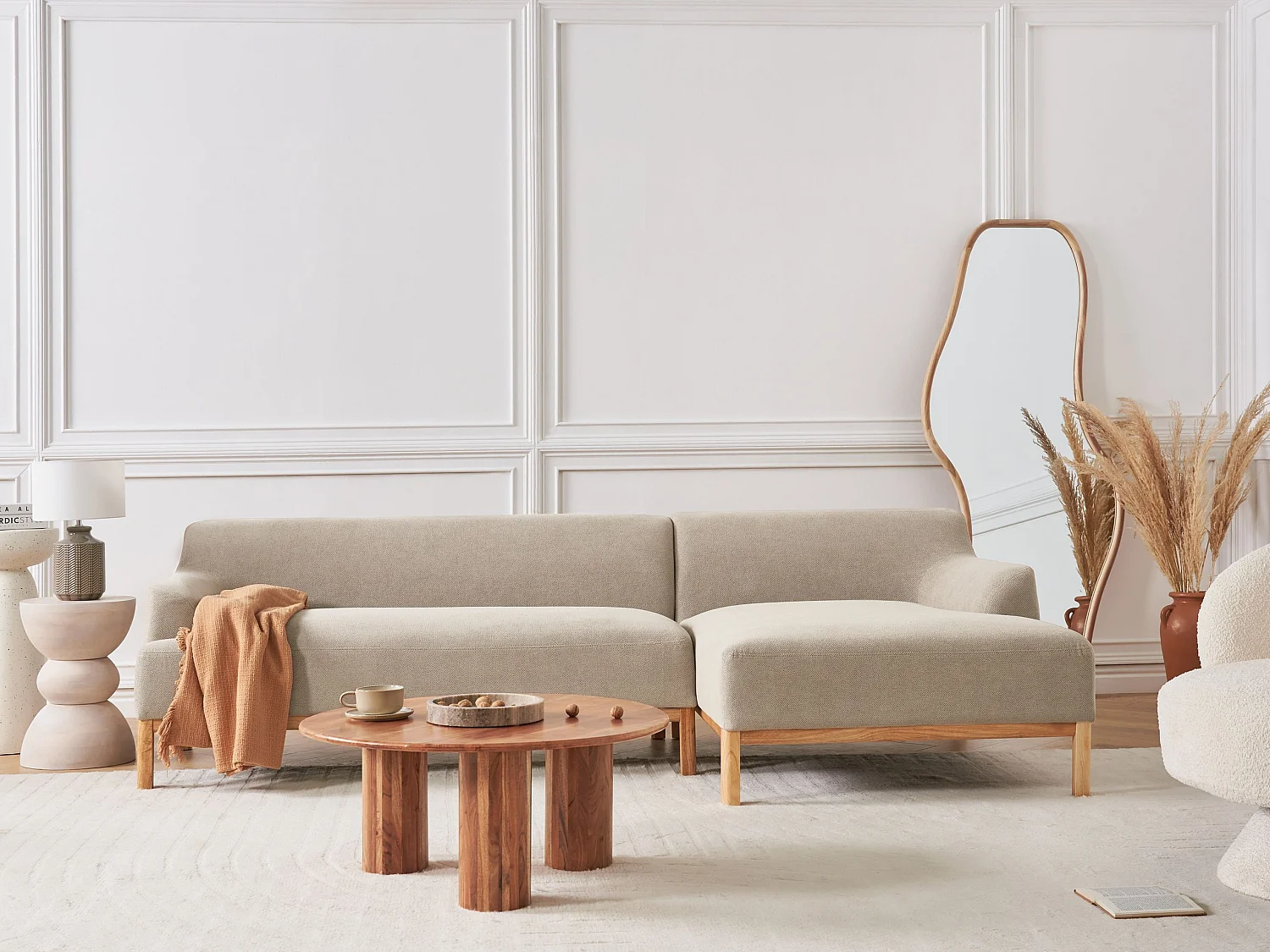 Canapé d'Angle à droite Pieds en Bois Meuble Coin de Salon en Tissu Polyester Taupe Sosjo