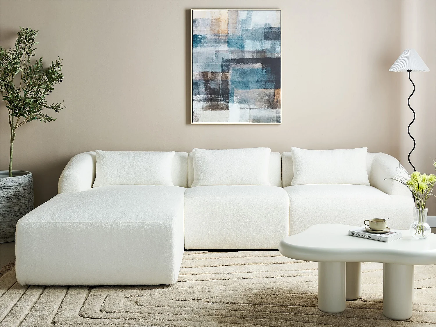 Canapé d'angle 3 places SVANSELE Bouclé Blanc cassé Côté droit