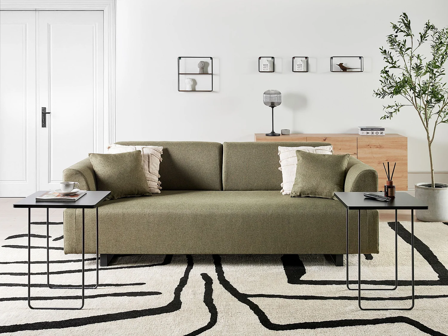 Canapé 3 places SOKNA Tissu Vert olive avec tables