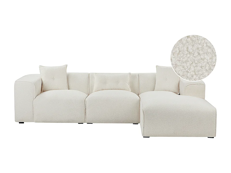 Modernes Ecksofa Creme Weiß mit 3 Zierkissen Bouclé-Bezug Eckcouch links Dolva