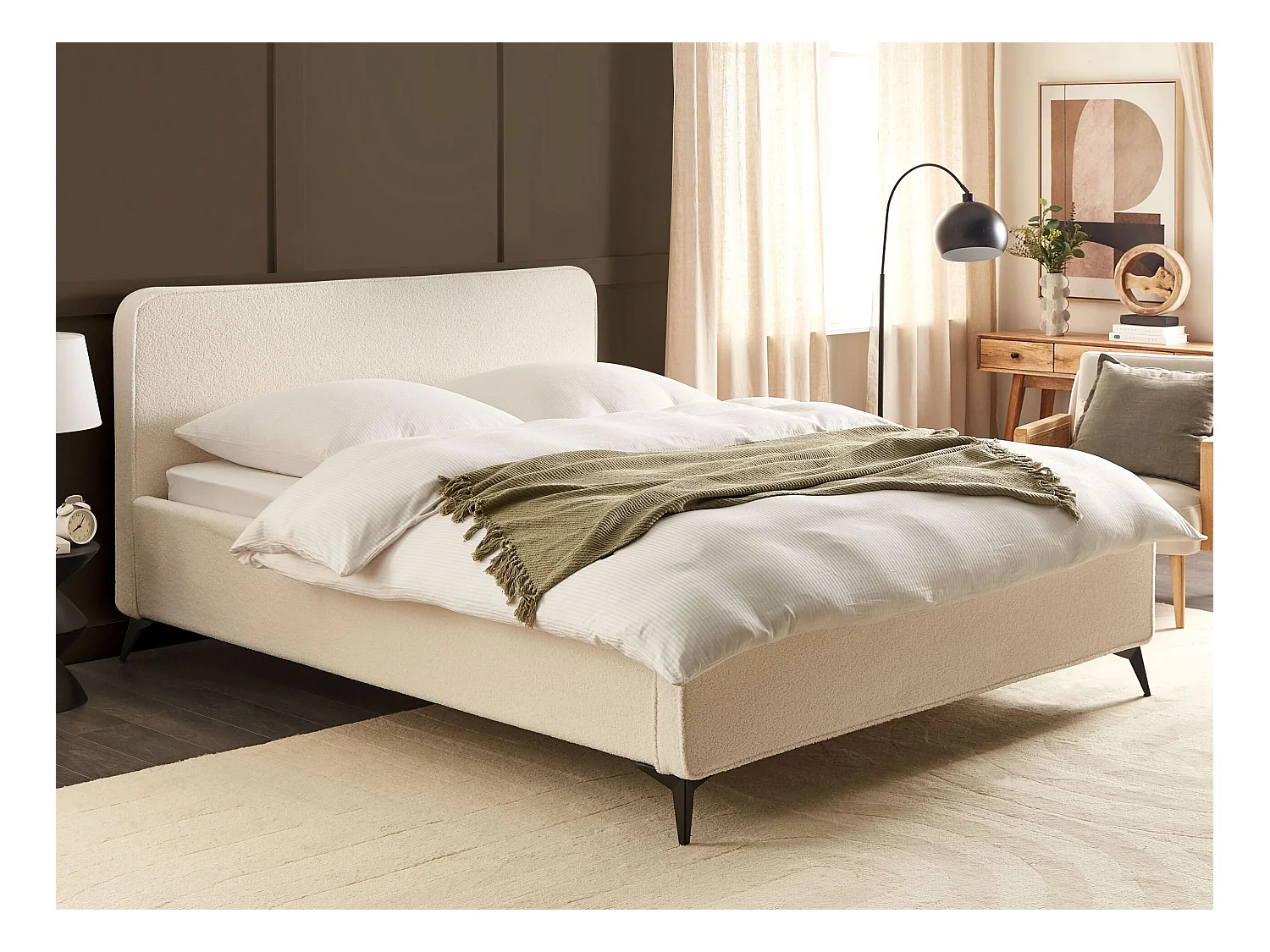 Lit avec sommier Bouclé VALOGNES 180 x 200 cm Blanc cassé