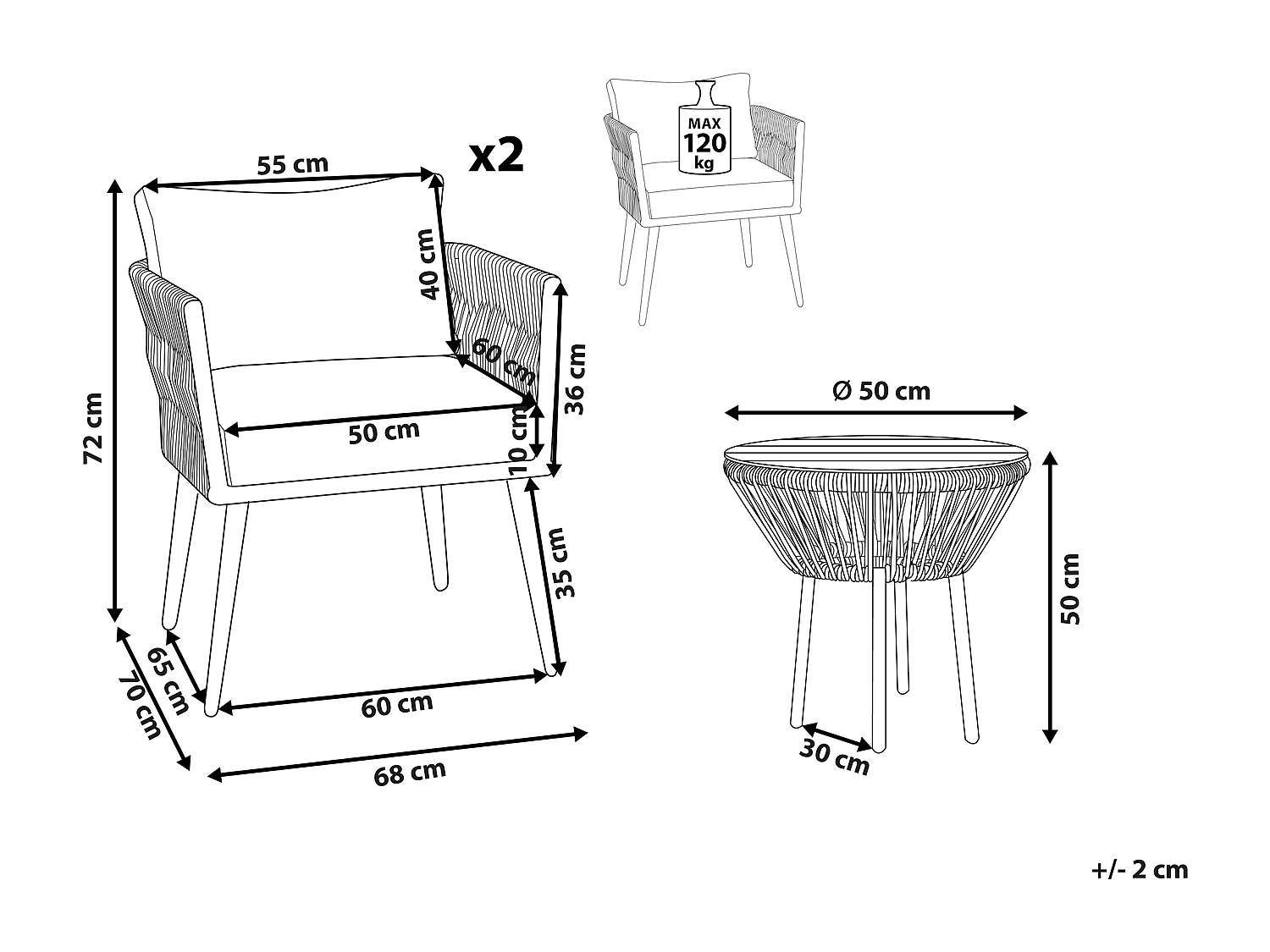 Stilvolles Balkonset 2 Stühle Couchtisch Rattan natürlich Auflagen beige Gargano