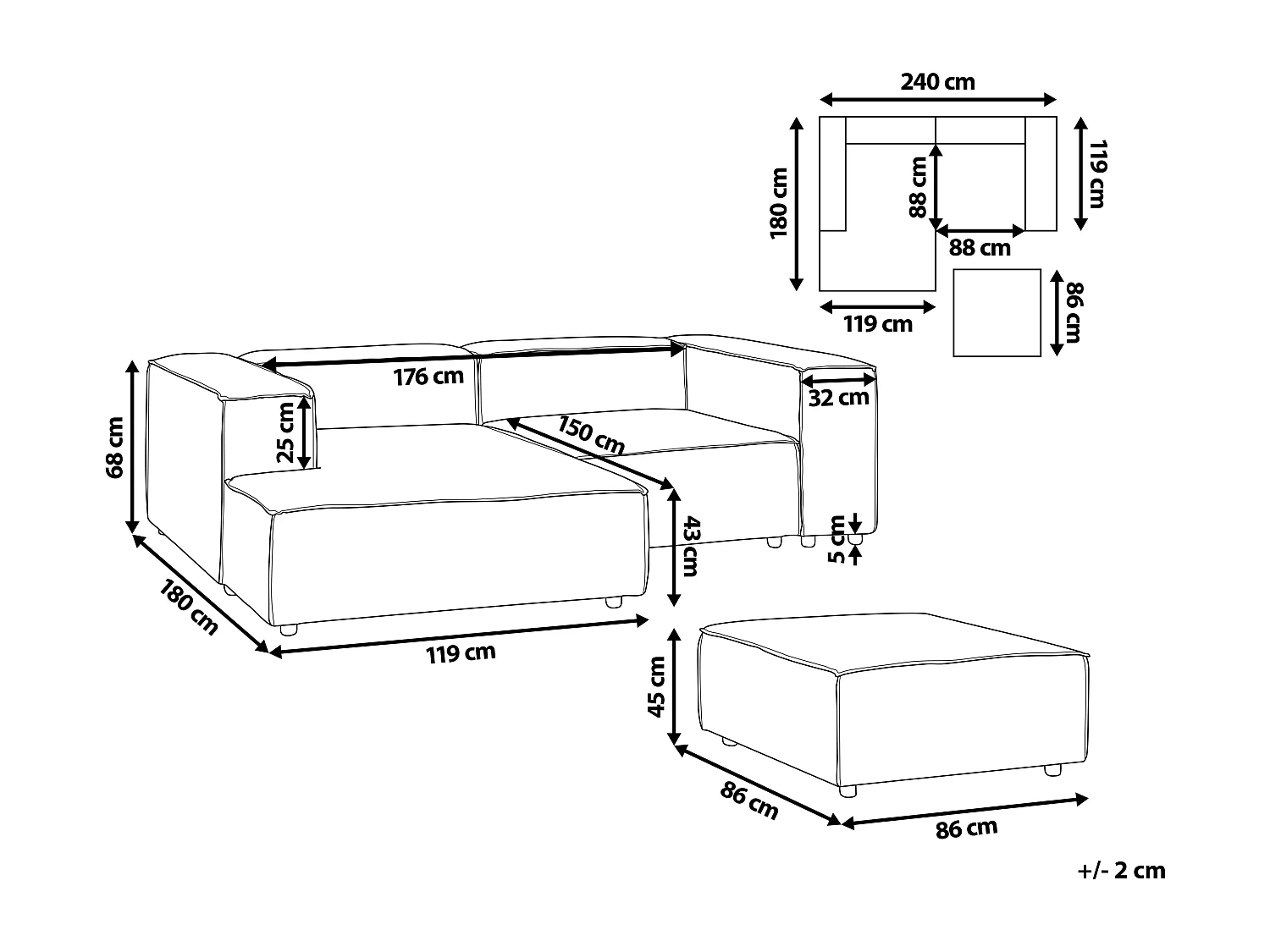 Canapé d'angle modulable 3 places ARDAL Tissu Gris clair Côté droit