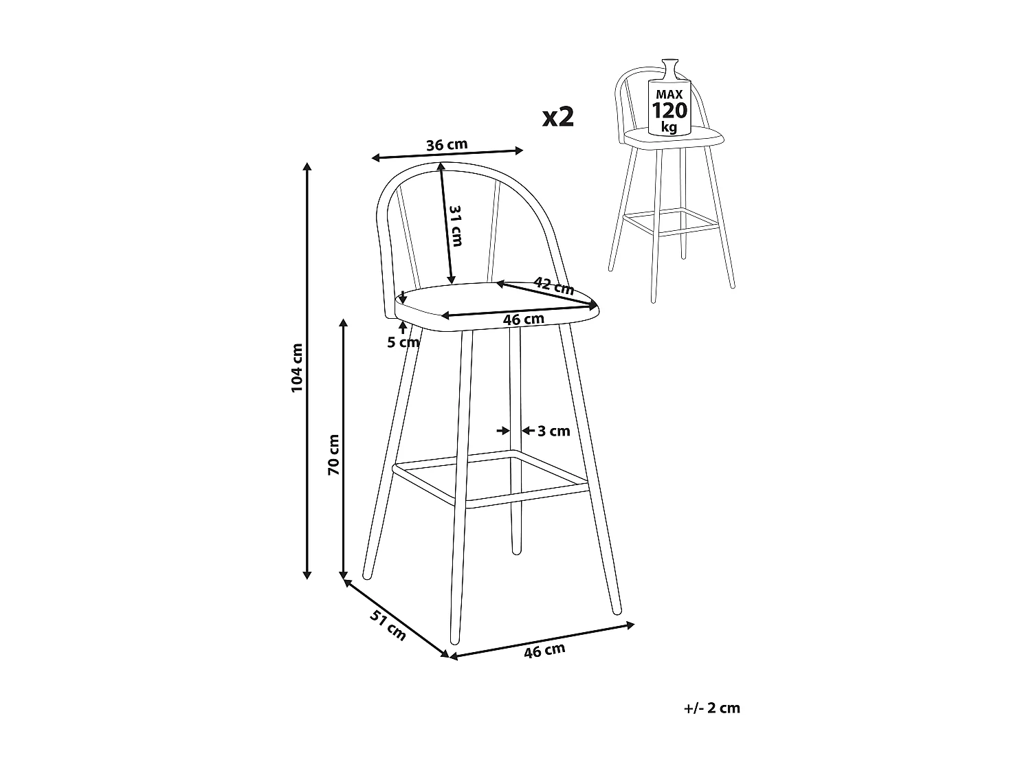 Lot de 2 chaises de bar CORNELL Métal Marron clair