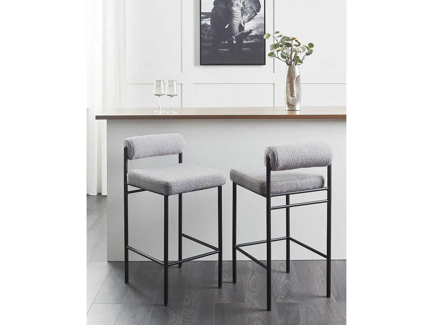 Lot de 2 chaises de bar AMAYA Bouclé Gris