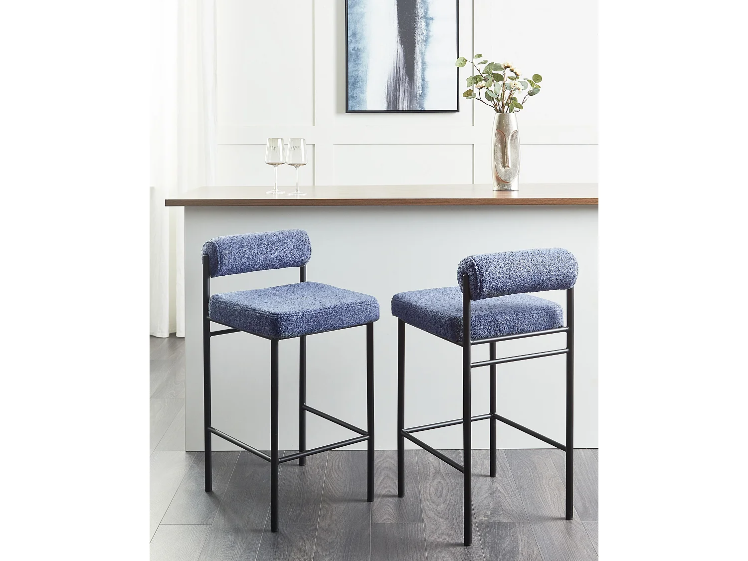 Conjunto de 2 bancos de bar AMAYA Bouclé Azul escuro