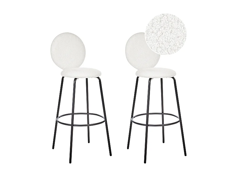 Barstuhl 2er Set Bouclé / Metall Weiß mit runder Lehne Fußstützen modern Emery