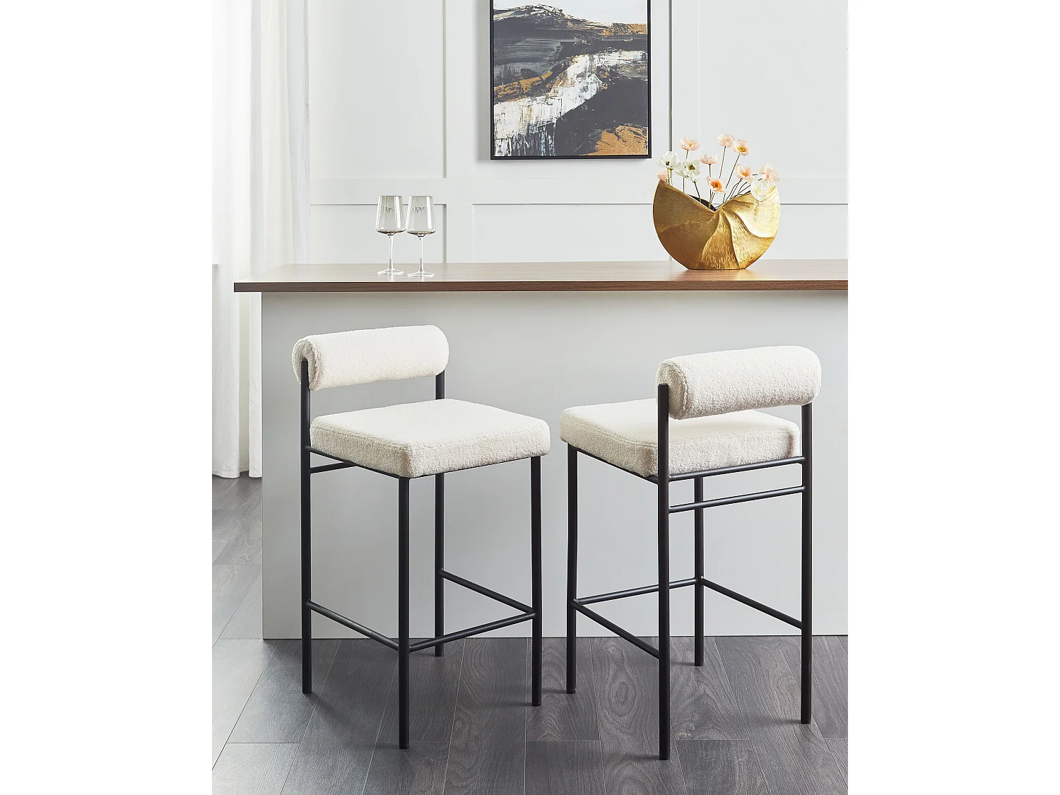 Lot de 2 chaises de bar AMAYA Bouclé Blanc cassé