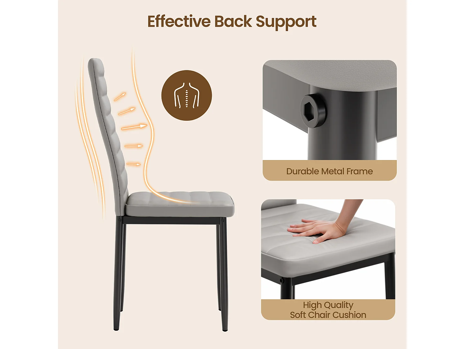 Bealife 4 Chaises Salle à Manger Lot de 4 Chaises de Cuisine Siege Rembourre en Cuir PU Patte Metal Pied en Caoutchouc Gris