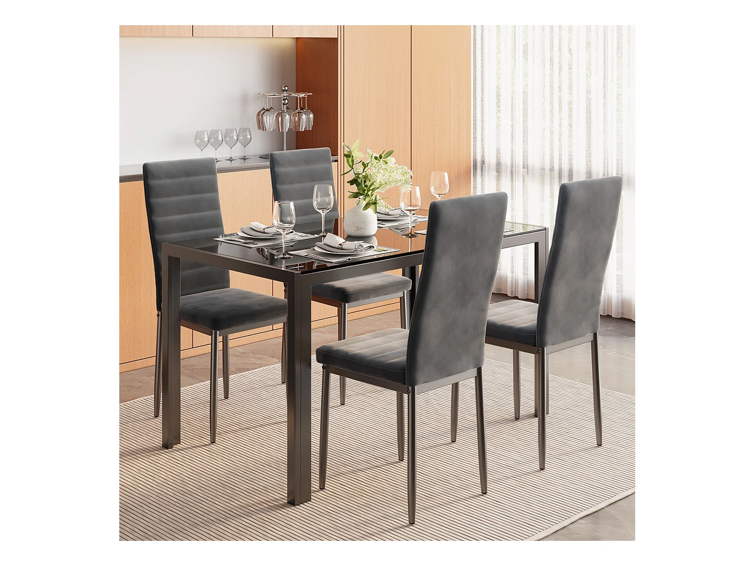 Bealife set van 4 eetkamerstoelen voor de keuken, met satijnen stof beklede, opgevulde zitplaatsen, metalen poten en donkergrijze rubberen voetjes