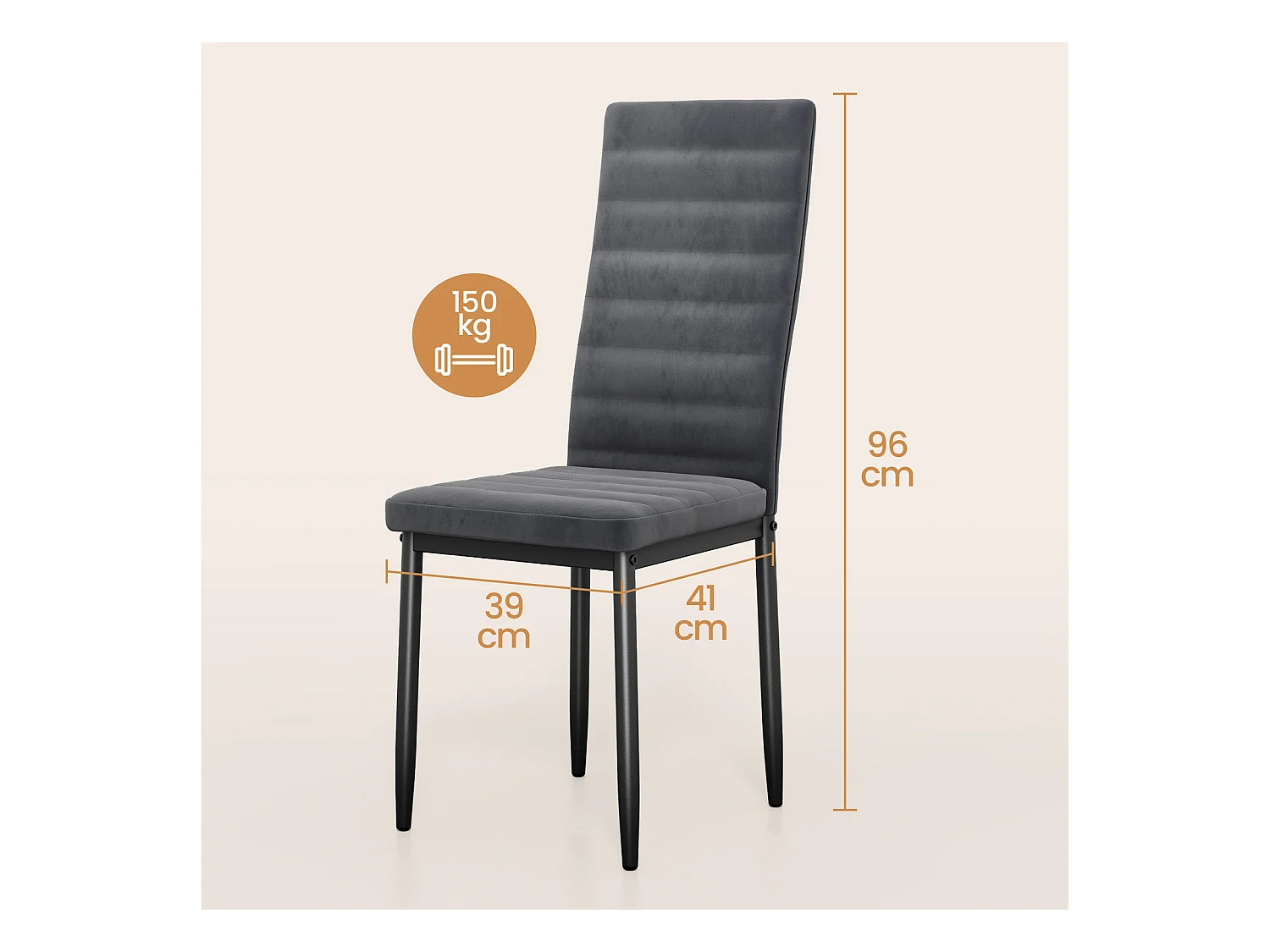 Bealife set van 4 eetkamerstoelen voor de keuken, met satijnen stof beklede, opgevulde zitplaatsen, metalen poten en donkergrijze rubberen voetjes