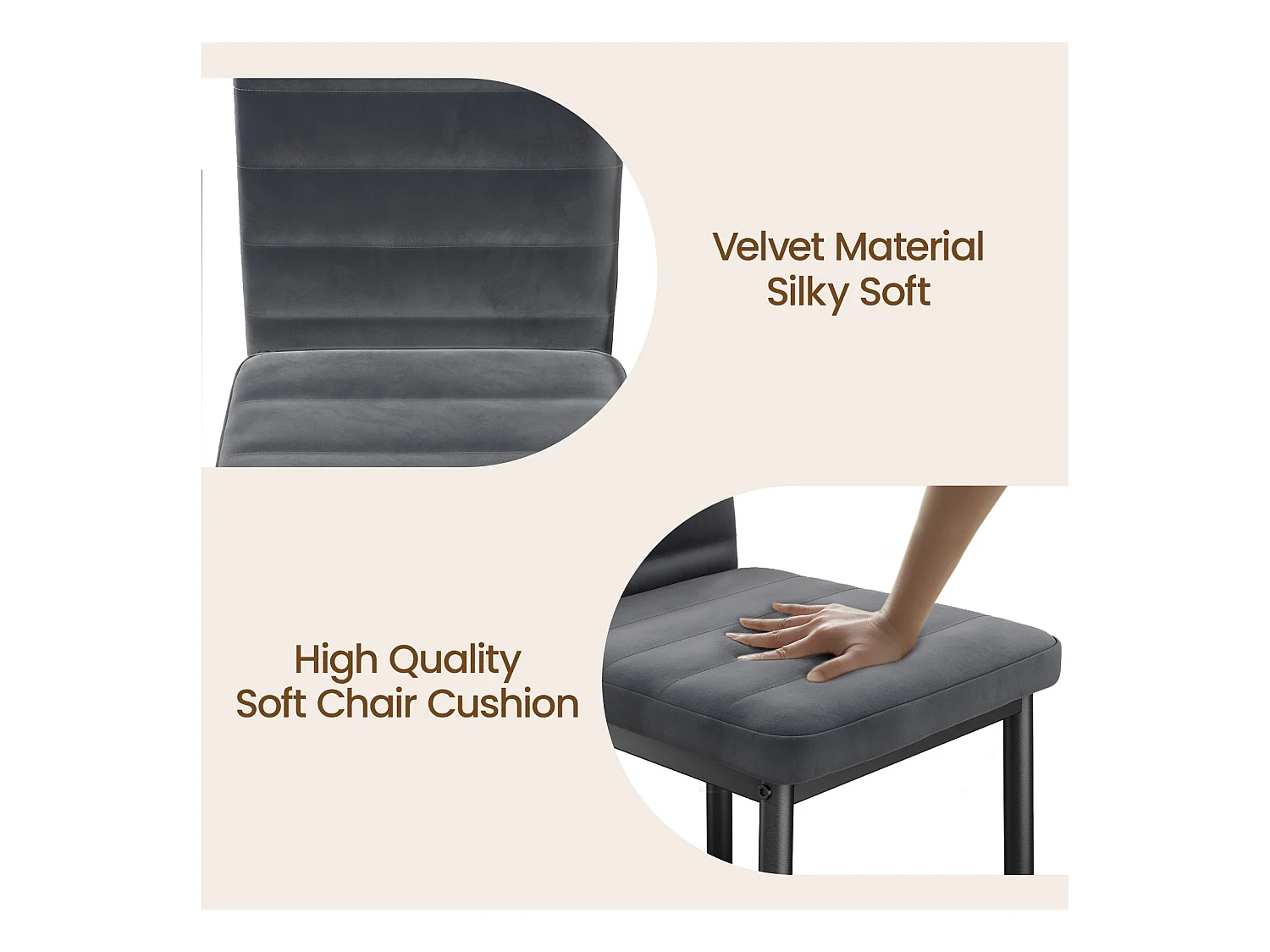 Bealife set van 4 eetkamerstoelen voor de keuken, met satijnen stof beklede, opgevulde zitplaatsen, metalen poten en donkergrijze rubberen voetjes