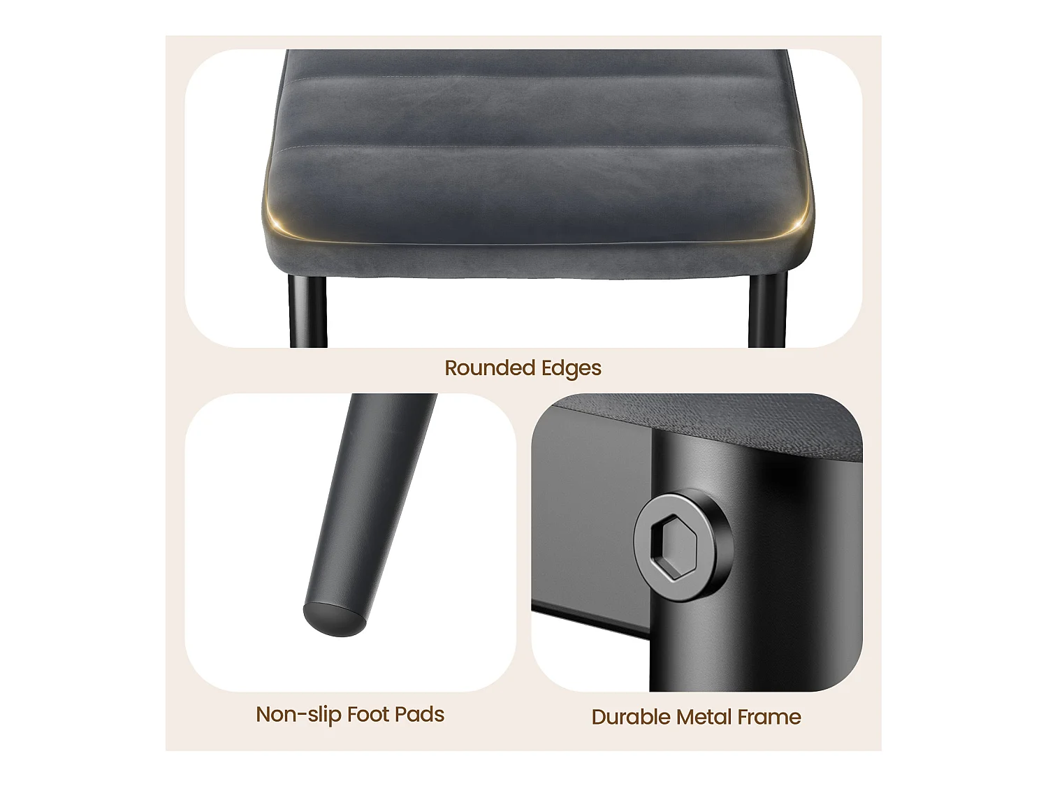 Bealife set van 4 eetkamerstoelen voor de keuken, met satijnen stof beklede, opgevulde zitplaatsen, metalen poten en donkergrijze rubberen voetjes