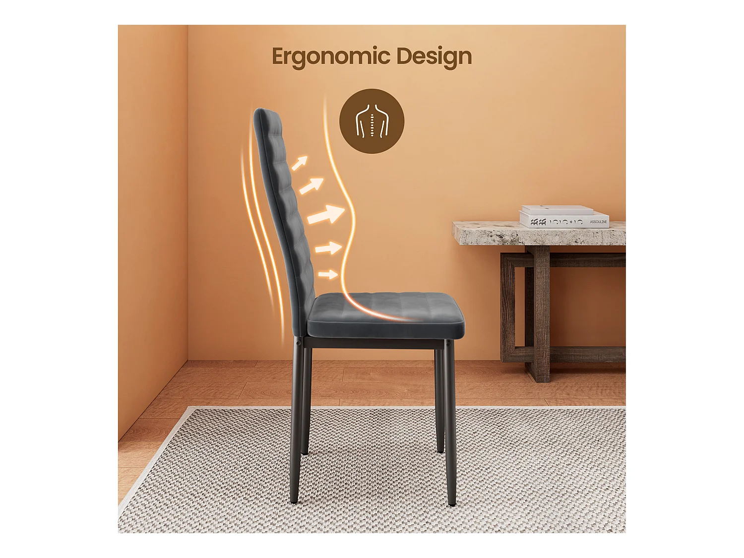 Bealife set van 4 eetkamerstoelen voor de keuken, met satijnen stof beklede, opgevulde zitplaatsen, metalen poten en donkergrijze rubberen voetjes