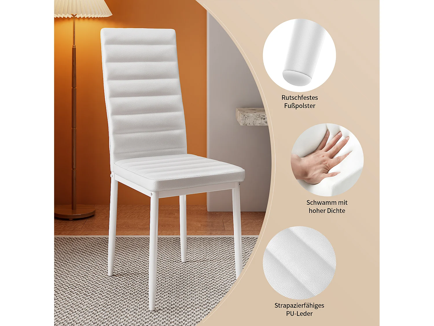 Bealife set van 4 eetkamerstoelen voor de keuken, met PU - leer beklede, opgevulde zitplaatsen, metalen poten en witte rubberen voetjes