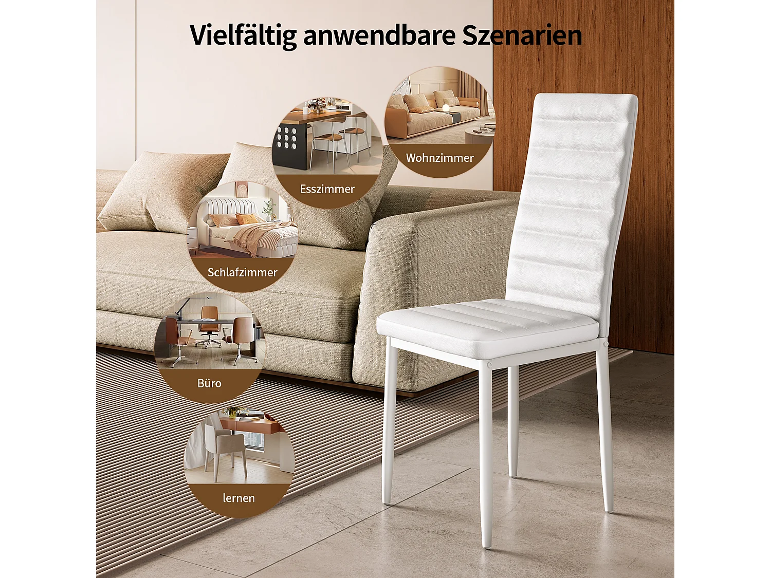 Bealife set van 4 eetkamerstoelen voor de keuken, met PU - leer beklede, opgevulde zitplaatsen, metalen poten en witte rubberen voetjes