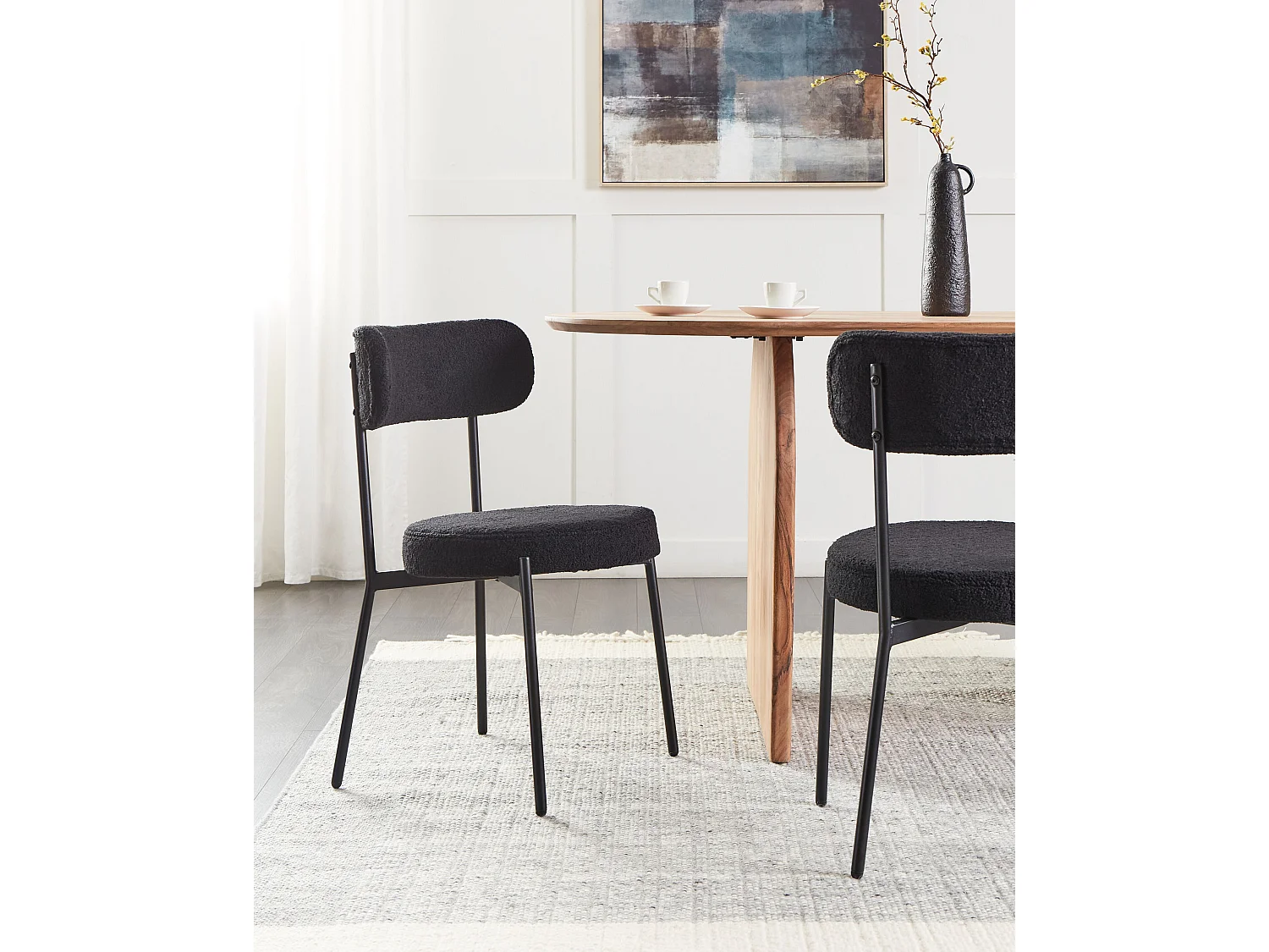 Esszimmerstuhl 2er Set Bouclé schwarz mit hoher Lehne Metallbeine modern Allison