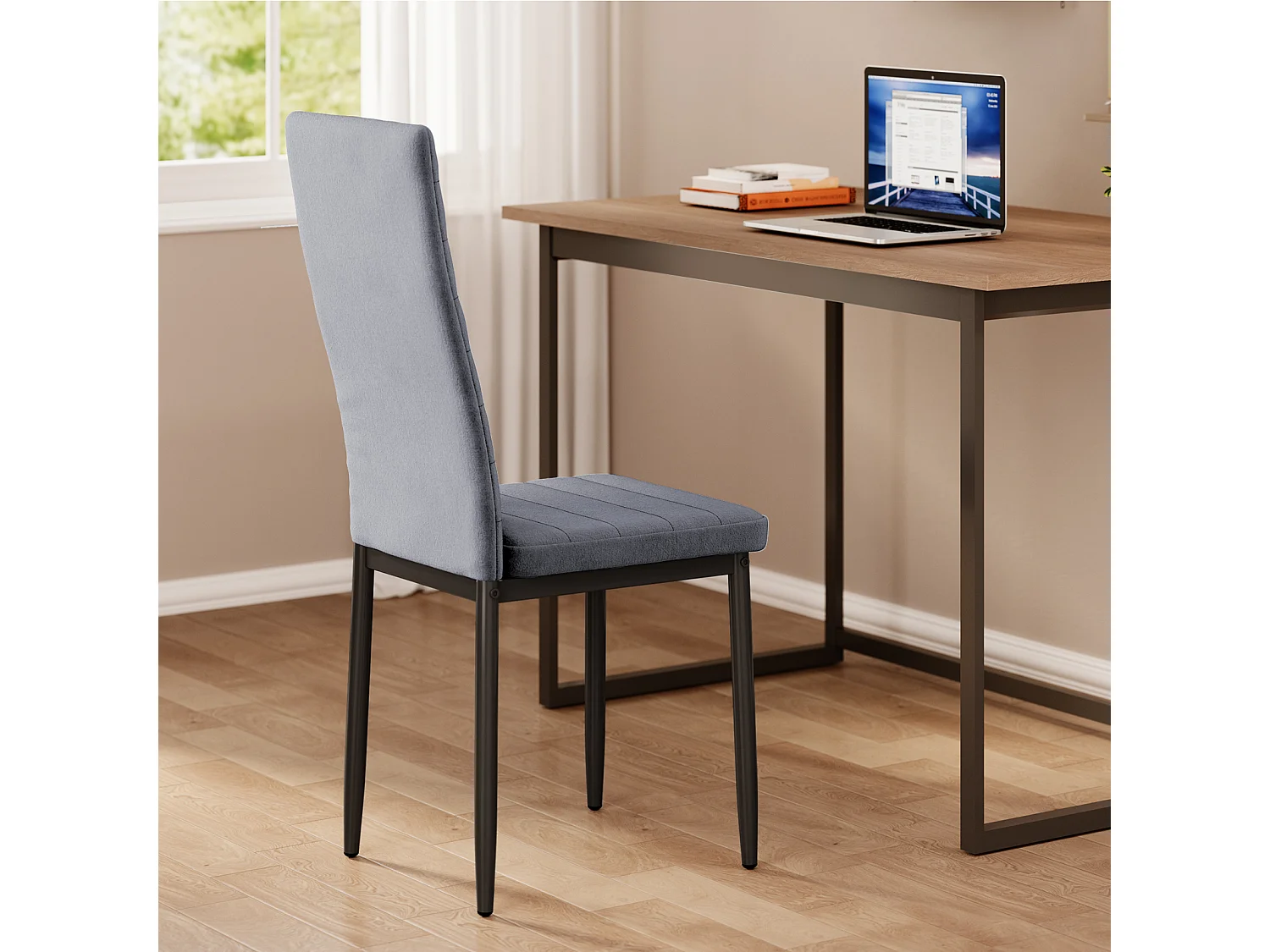 Bealife set van 6 eetkamerstoelen voor de keuken, met satijnen stof beklede, opgevulde zitplaatsen, metalen poten en lichtgrijze rubberen voetjes