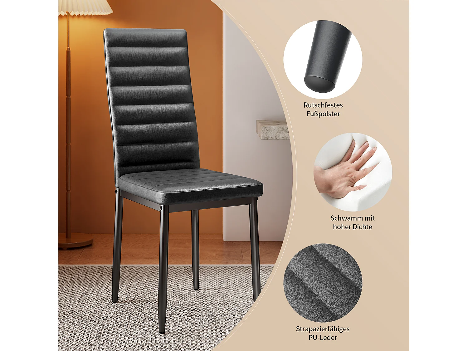 Bealife set van 4 eetkamerstoelen voor de keuken, met PU - leer beklede, opgevulde zitplaatsen, metalen poten met zwarte anti - slip voetjes