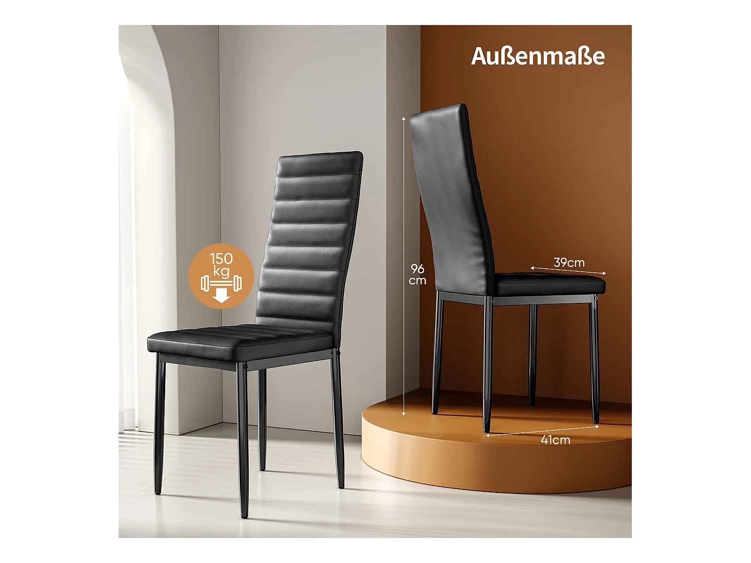 Bealife set van 4 eetkamerstoelen voor de keuken, met PU - leer beklede, opgevulde zitplaatsen, metalen poten met zwarte anti - slip voetjes