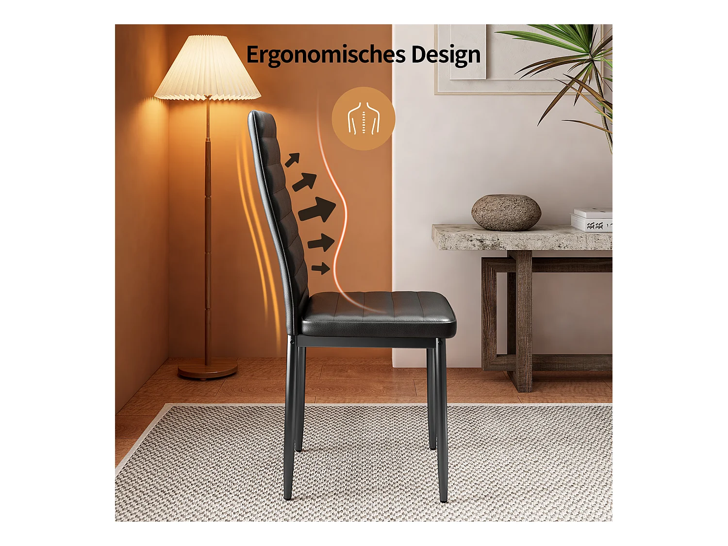 Bealife set van 4 eetkamerstoelen voor de keuken, met PU - leer beklede, opgevulde zitplaatsen, metalen poten met zwarte anti - slip voetjes