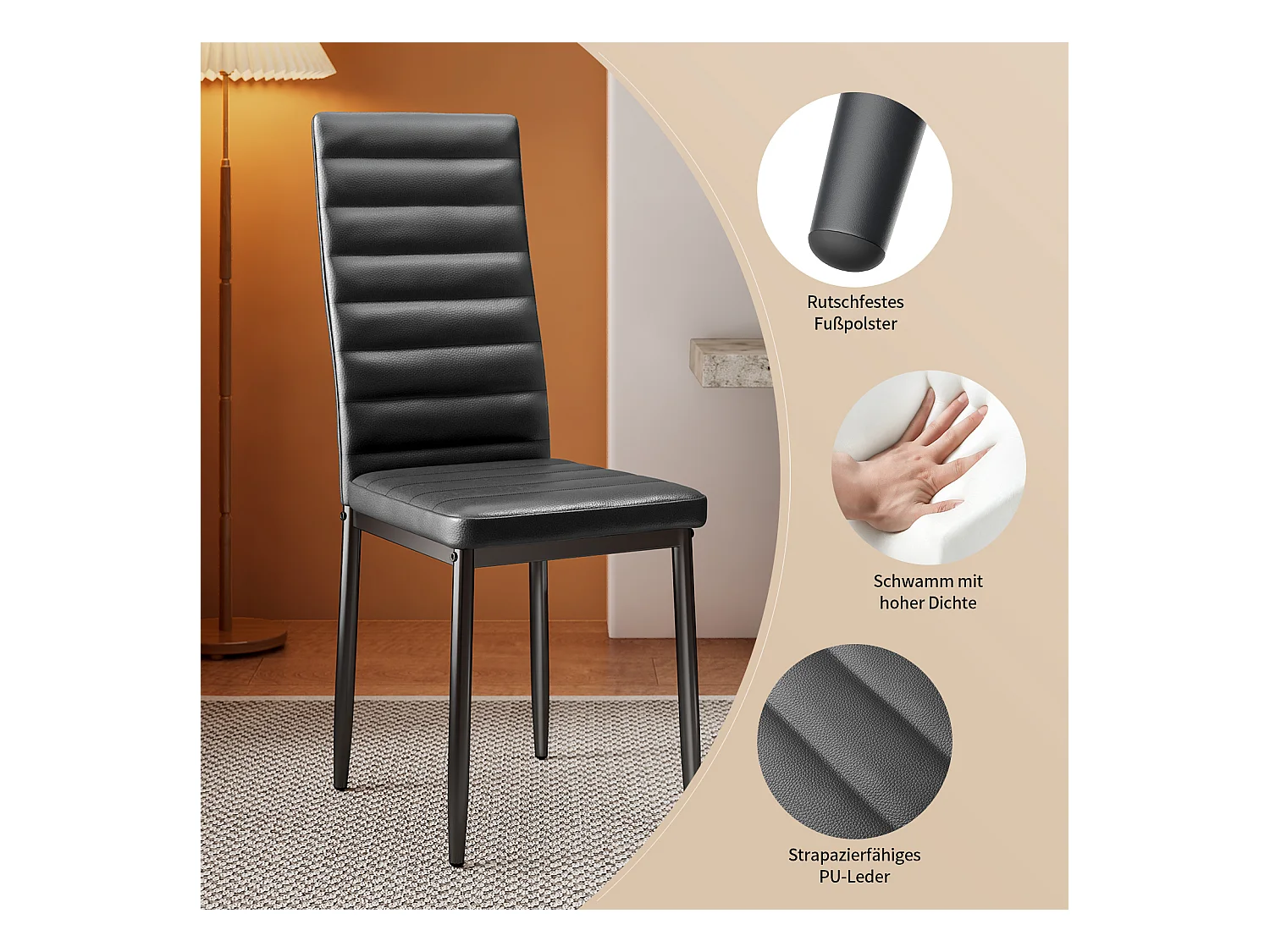 Bealife set van 4 eetkamerstoelen voor de keuken, met PU - leer beklede, opgevulde zitplaatsen, metalen poten met zwarte anti - slip voetjes