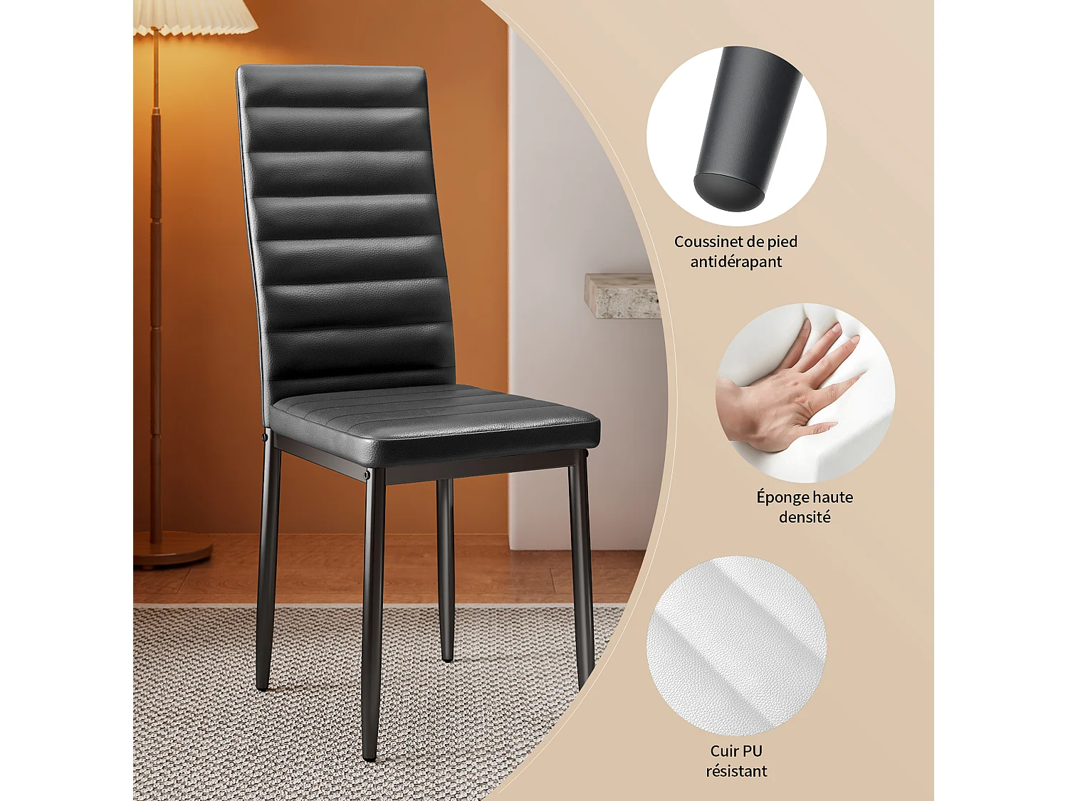 Bealife 6 Chaises Salle à Manger Lot de 6 Chaises de Cuisine Siege Rembourre en Cuir PU Patte Metal Pied en Caoutchouc Noir