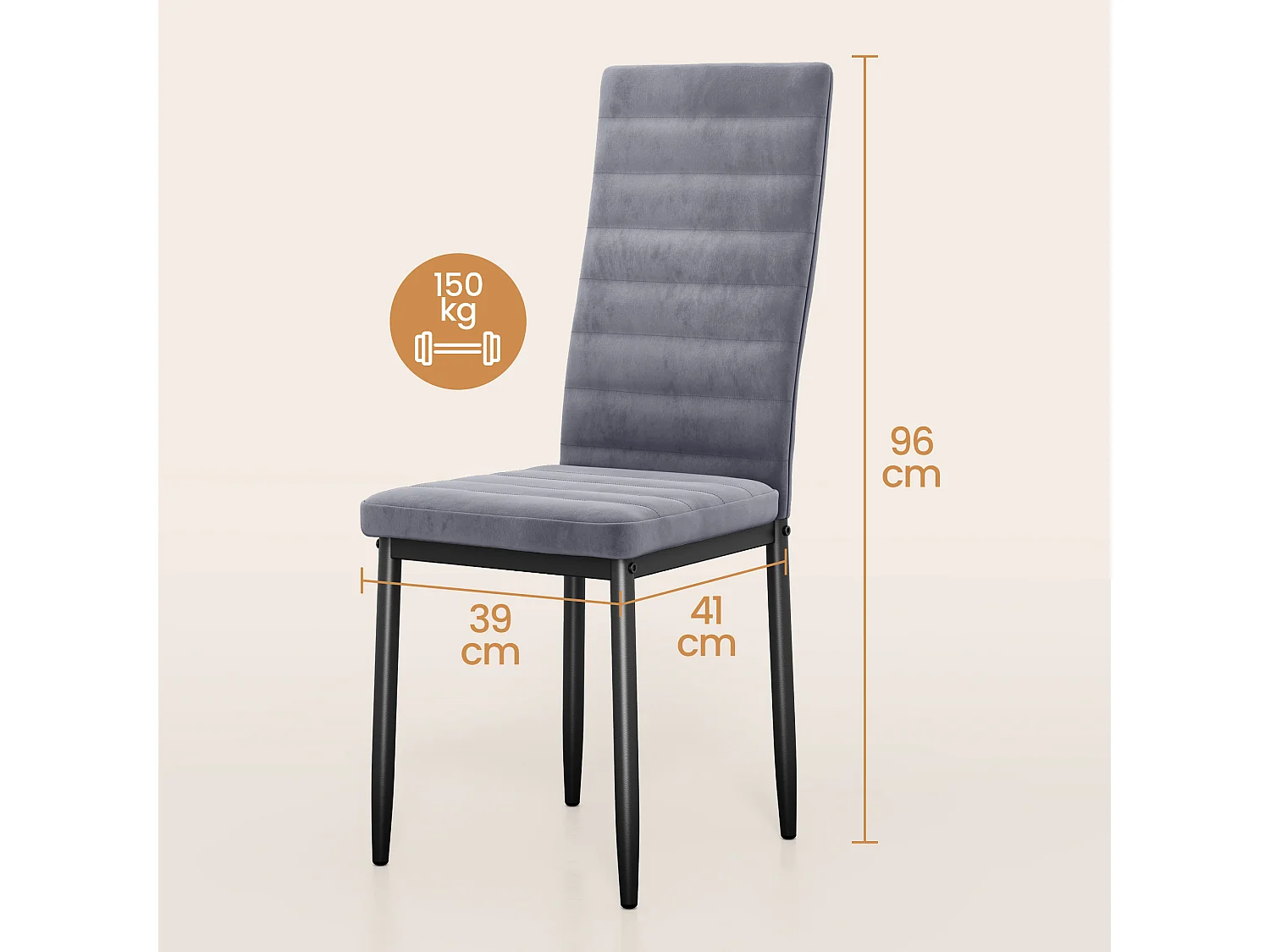 Bealife set van 4 eetkamerstoelen voor de keuken, met satijnen stof beklede, opgevulde zitplaatsen, metalen poten en lichtgrijze rubberen voetjes