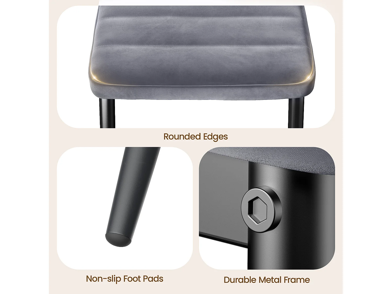 Bealife set van 4 eetkamerstoelen voor de keuken, met satijnen stof beklede, opgevulde zitplaatsen, metalen poten en lichtgrijze rubberen voetjes