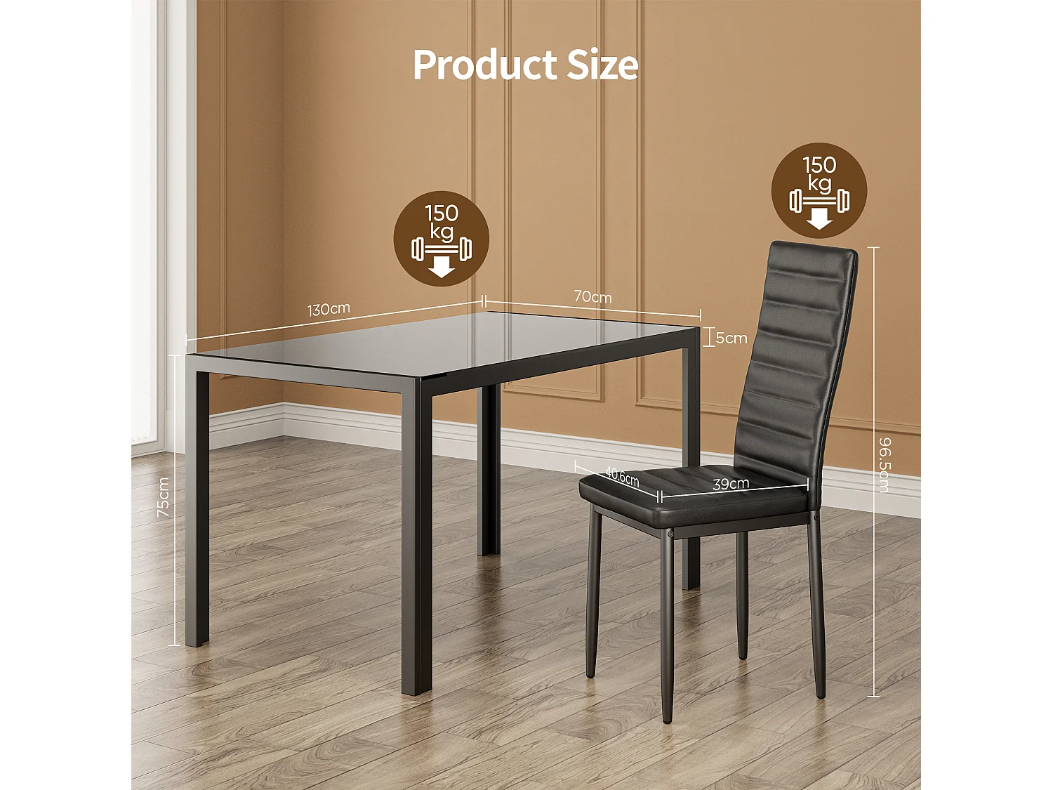 Bealife rechthoekige eettafel voor 4 personen met getemperd glas, zwart metalen frame en poten, afmetingen 120 x 70 x 75 cm