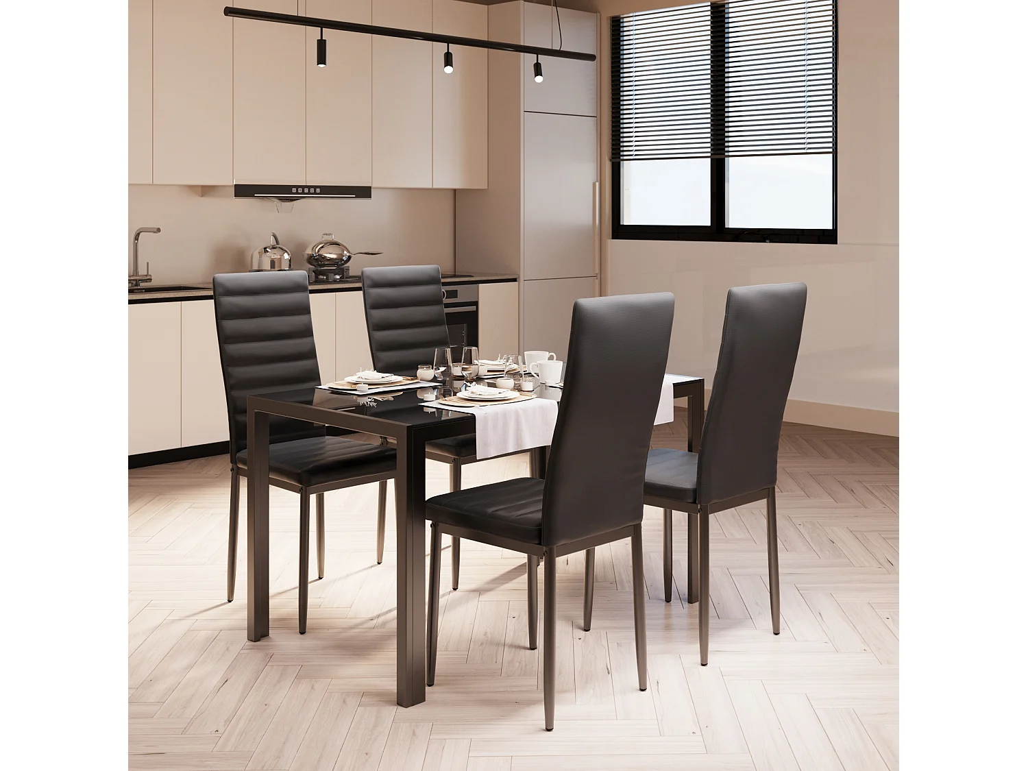 Bealife rechthoekige eettafel voor 4 personen met getemperd glas, zwart metalen frame en poten, afmetingen 120 x 70 x 75 cm