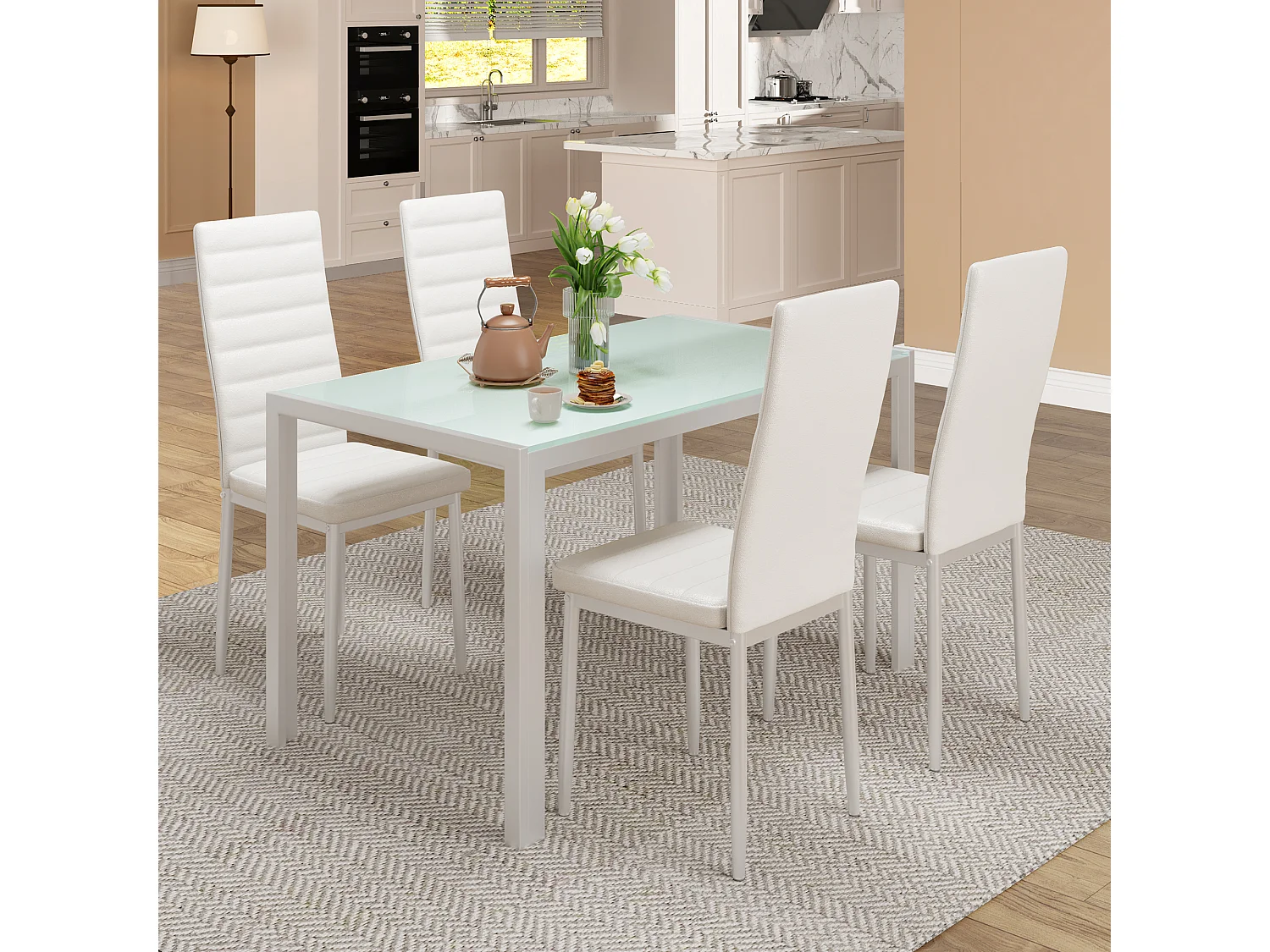 Bealife Table à Manger Verre Trempé Rectangle 4 Personnes Cadre Pied en Metal Blanche 120 x 70 x 75 cm