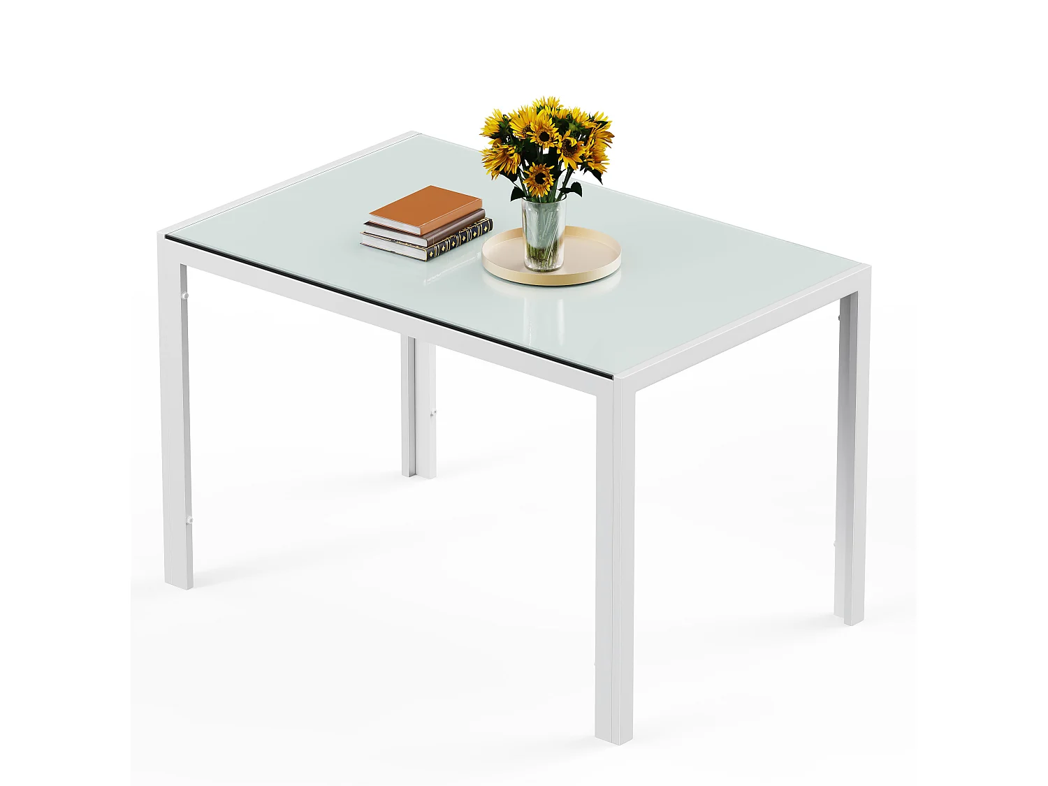 Bealife rechthoekige eettafel voor 6 personen met getemperd glas, wit metalen frame en poten, afmetingen 130 x 70 x 75 cm