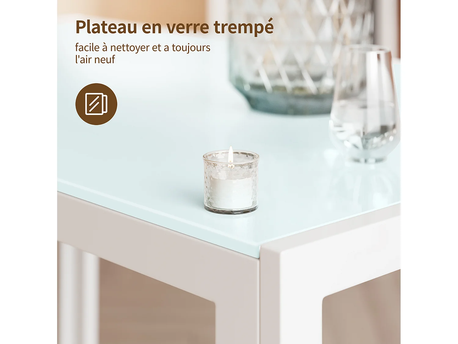 Bealife rechthoekige eettafel voor 6 personen met getemperd glas, wit metalen frame en poten, afmetingen 130 x 70 x 75 cm