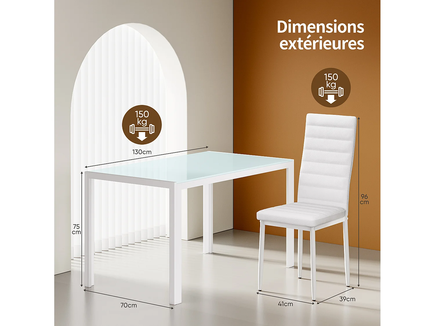 Bealife rechthoekige eettafel voor 6 personen met getemperd glas, wit metalen frame en poten, afmetingen 130 x 70 x 75 cm