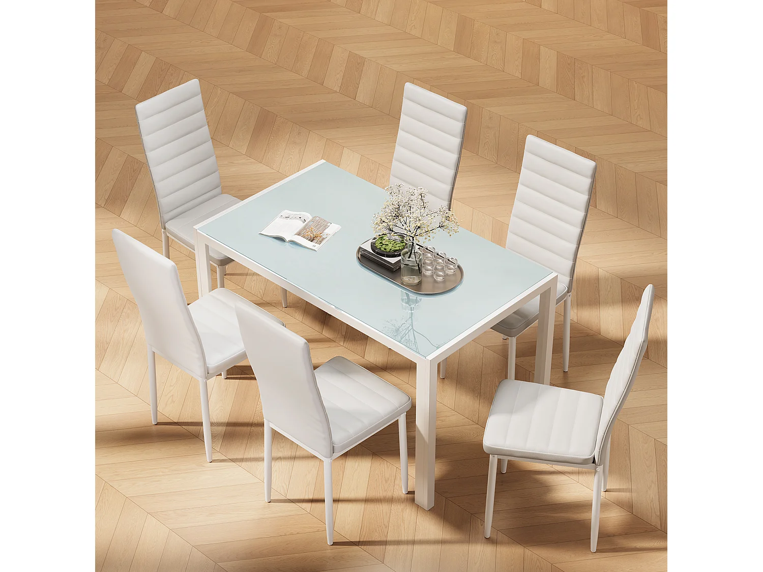 Bealife rechthoekige eettafel voor 6 personen met getemperd glas, wit metalen frame en poten, afmetingen 130 x 70 x 75 cm