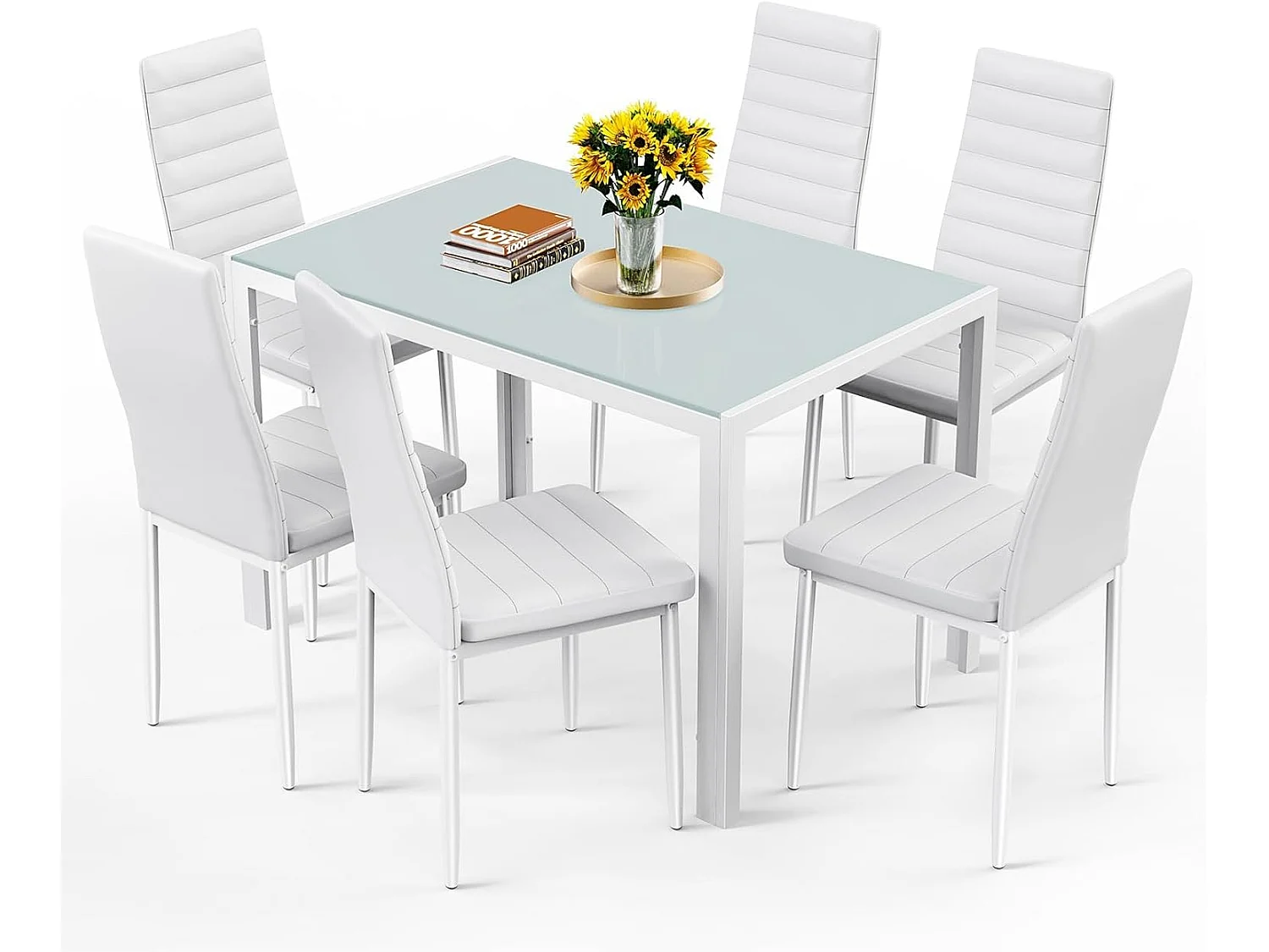 Bealife Ensemble Table et Chaises Table à Manger avec Chaises 1 Table en Verre Trempé 6 Chaises en Cuir PU Dossier Patte Metal Pied en Caoutchouc Blanc