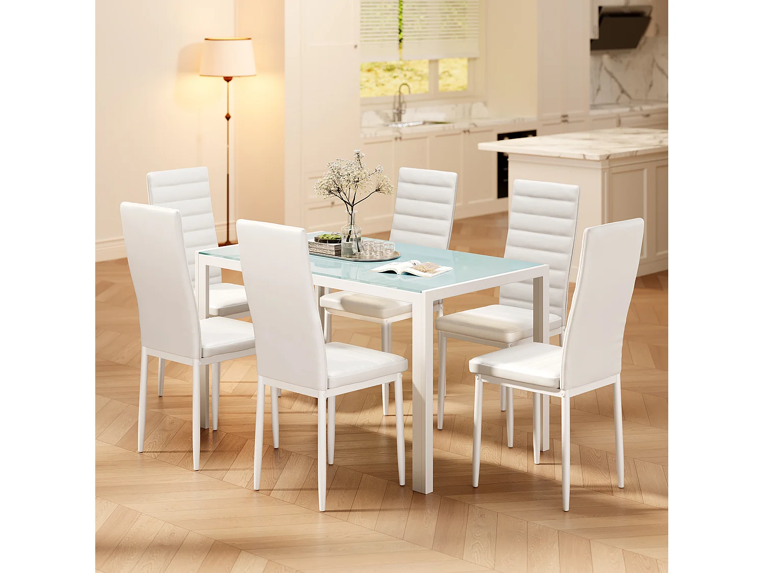 Bealife Ensemble Table et Chaises Table à Manger avec Chaises 1 Table en Verre Trempé 6 Chaises en Cuir PU Dossier Patte Metal Pied en Caoutchouc Blanc