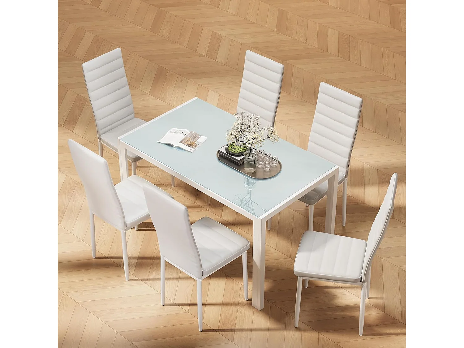 Bealife Ensemble Table et Chaises Table à Manger avec Chaises 1 Table en Verre Trempé 6 Chaises en Cuir PU Dossier Patte Metal Pied en Caoutchouc Blanc