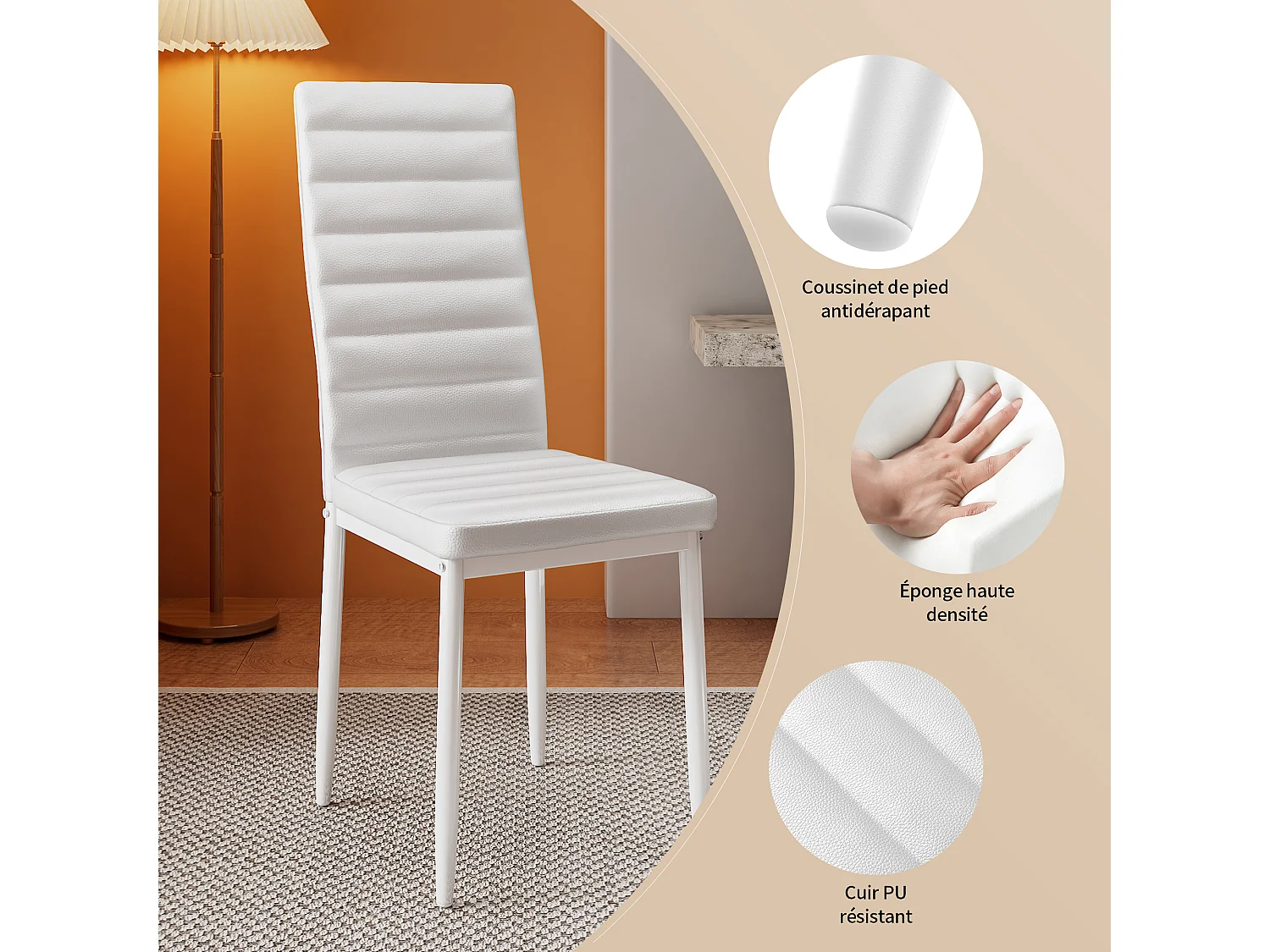 Bealife Ensemble Table et Chaises Table à Manger avec Chaises 1 Table en Verre Trempé 6 Chaises en Cuir PU Dossier Patte Metal Pied en Caoutchouc Blanc