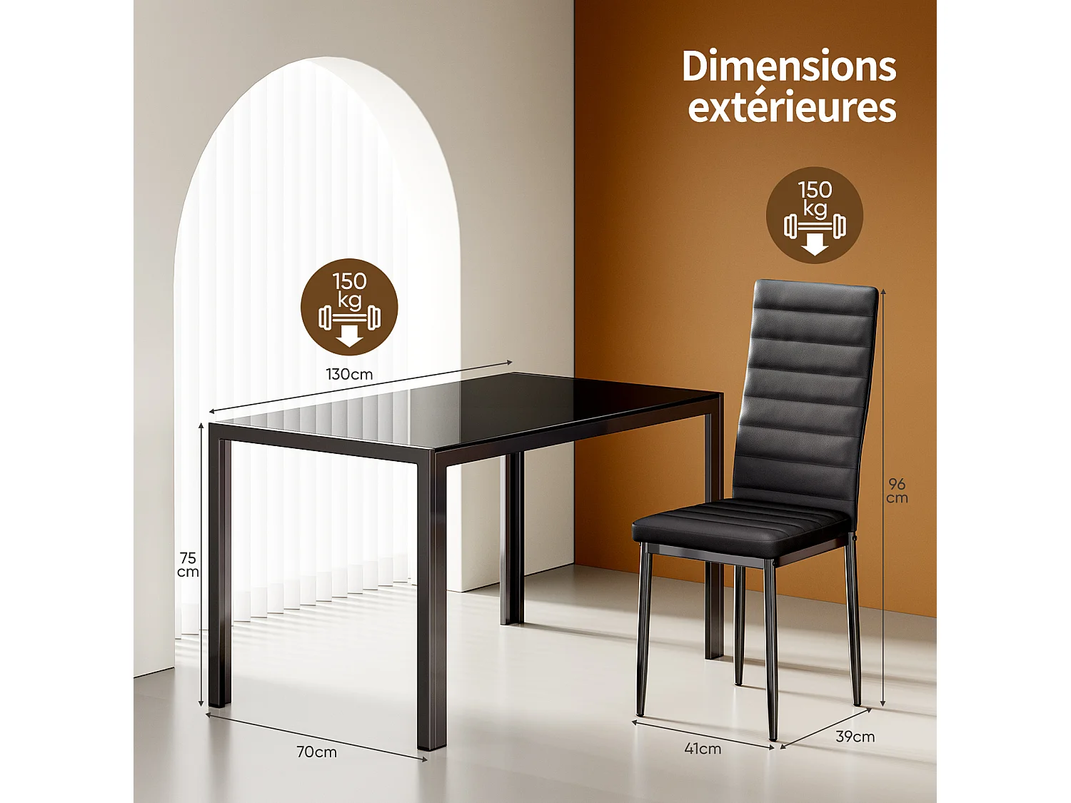 Bealife tafel - en stoelenenset, eettafel met stoelen, 1 getemperd glas tafel, 6 PU - leer stoelen met rugleuning, metalen poten, rubberen voetjes, zwart