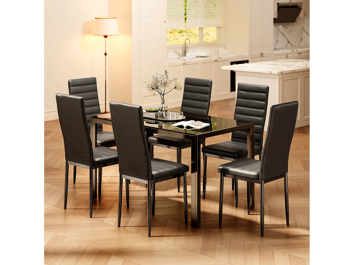 Bealife tafel - en stoelenenset, eettafel met stoelen, 1 getemperd glas tafel, 6 PU - leer stoelen met rugleuning, metalen poten, rubberen voetjes, zwart