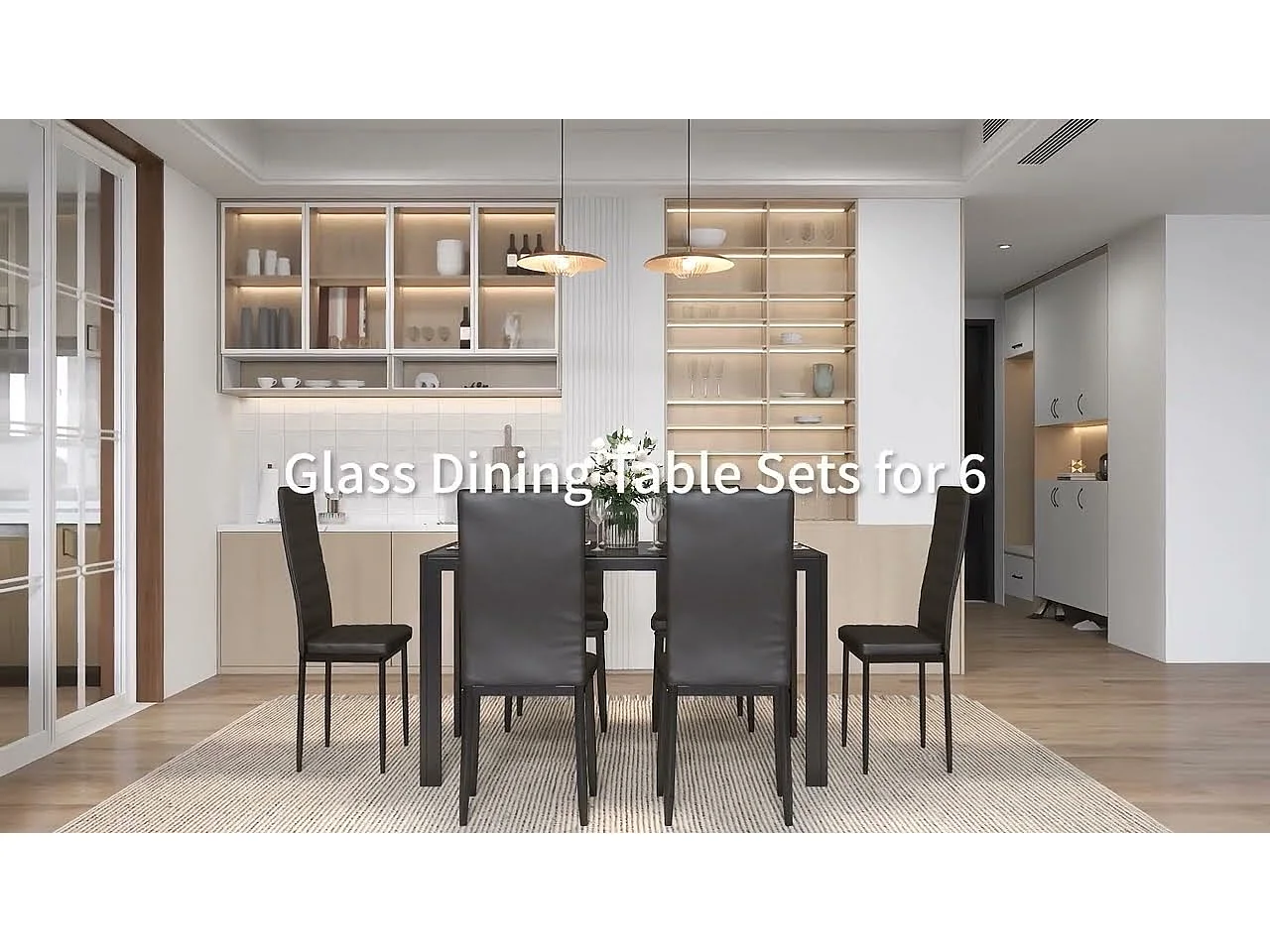 Bealife tafel - en stoelenenset, eettafel met stoelen, 1 getemperd glas tafel, 6 PU - leer stoelen met rugleuning, metalen poten, rubberen voetjes, zwart