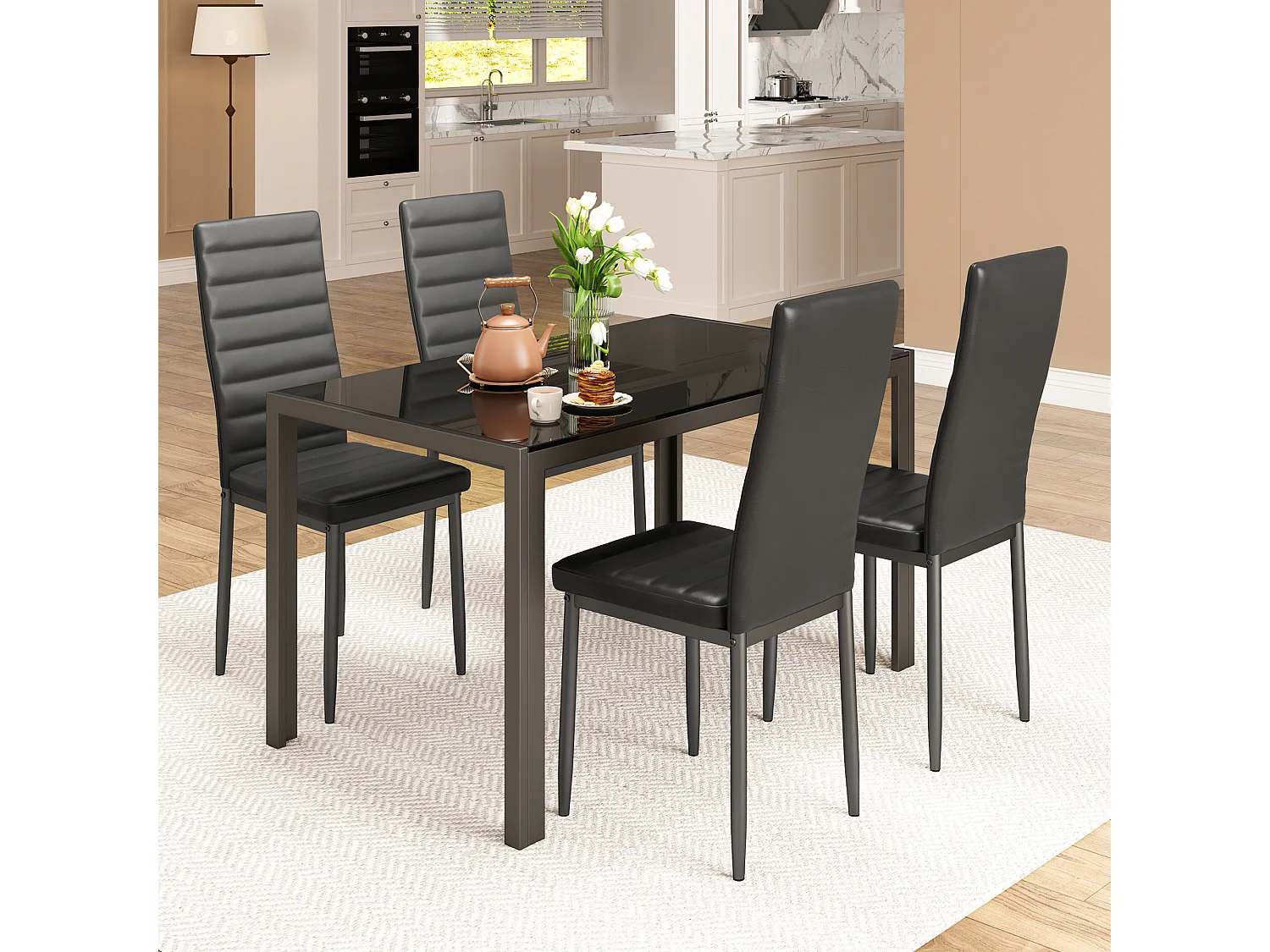 Bealife Ensemble Table et 4 Chaises, 1 Table à Manger en Verre Trempé, 4 Chaises en Cuir PU Dossier Patte Metal Pied en Caoutchouc (Noir)