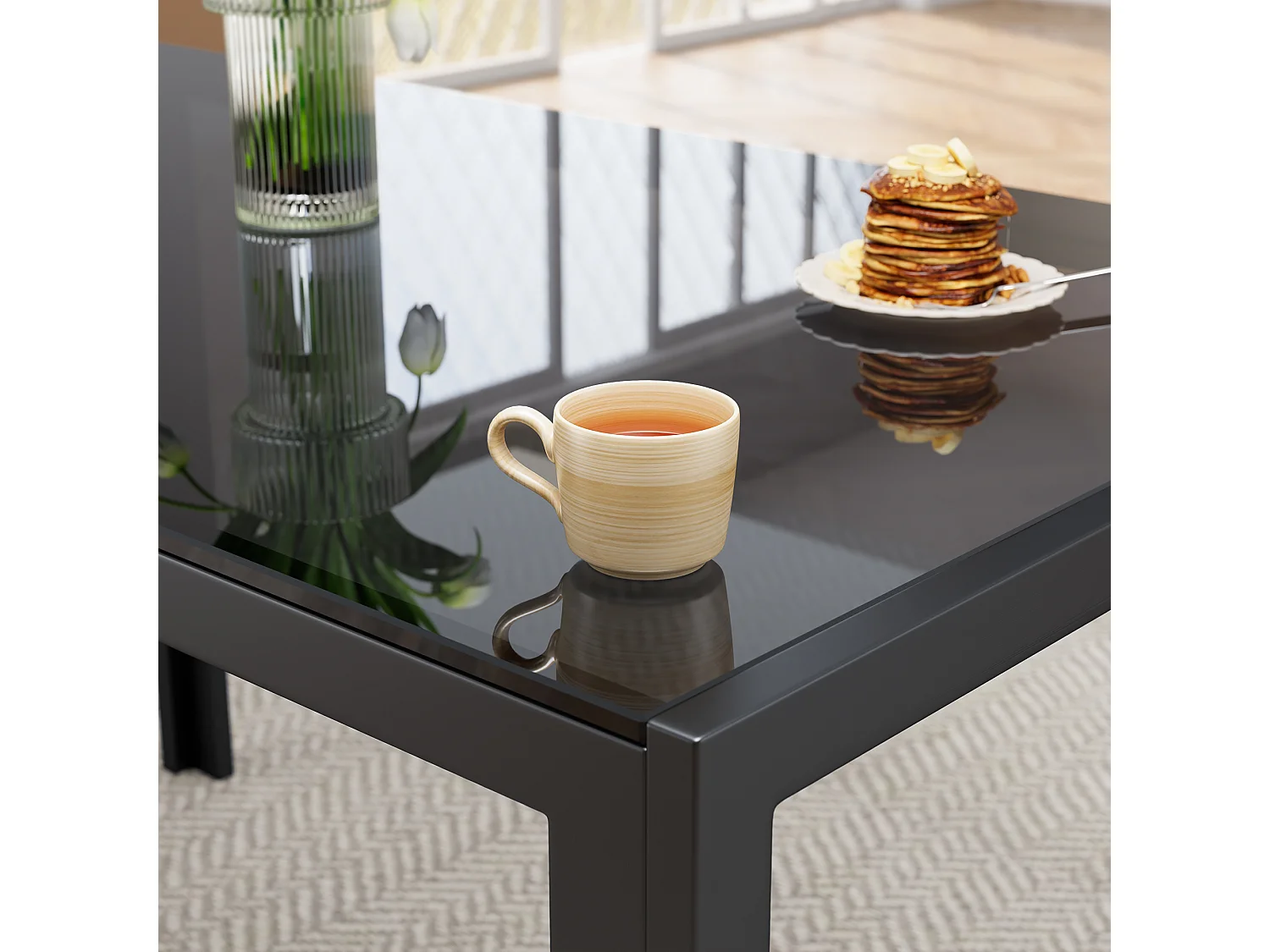 Bealife Ensemble Table et 4 Chaises, 1 Table à Manger en Verre Trempé, 4 Chaises en Cuir PU Dossier Patte Metal Pied en Caoutchouc (Noir)